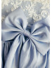 Elbow Sleeves Lace Blue Taffeta Flower Girl Dress